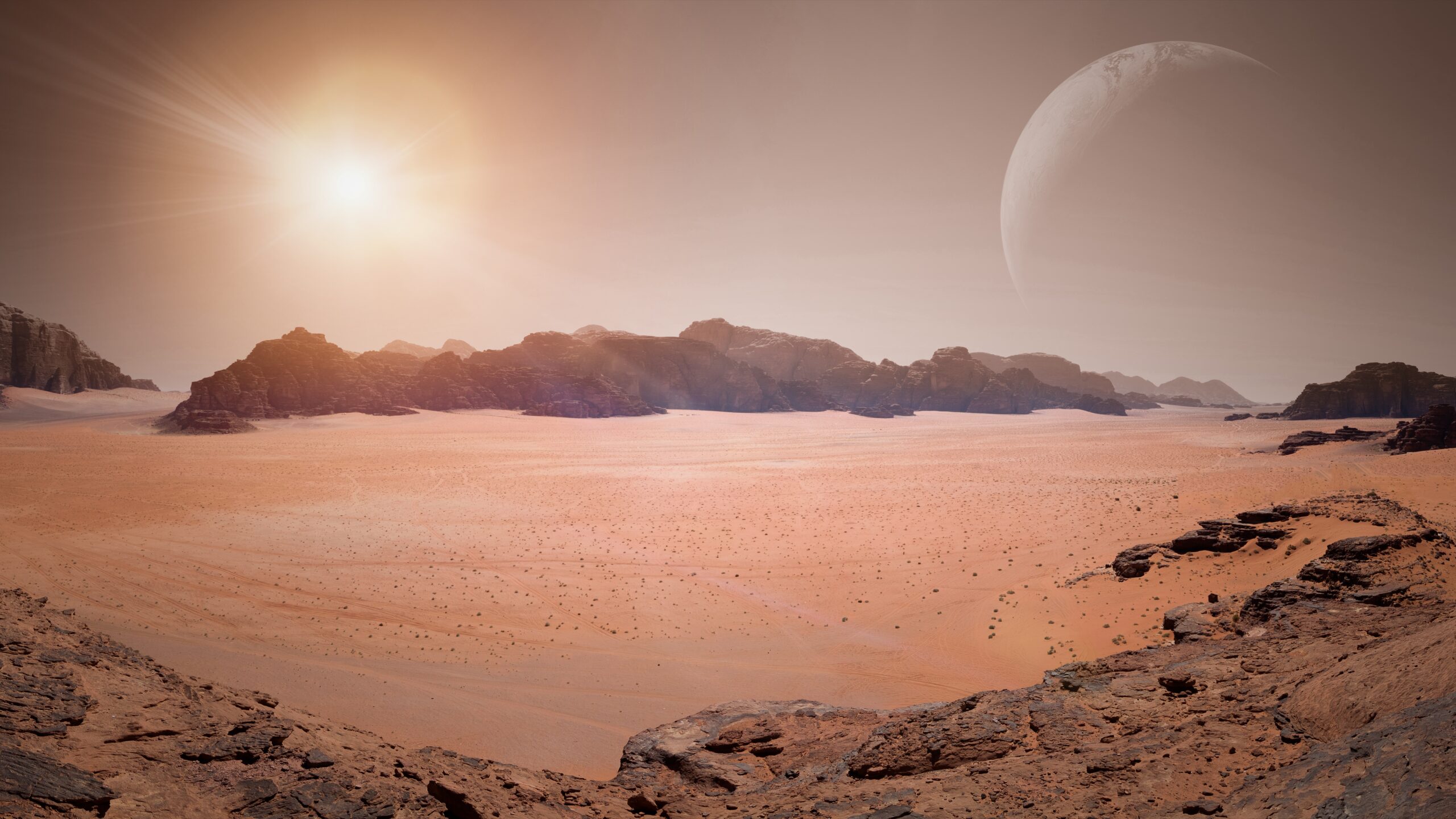 Landscape,Of,An,Exoplanet,With,A,Sun,And,Planets,In Exo-moon landscape